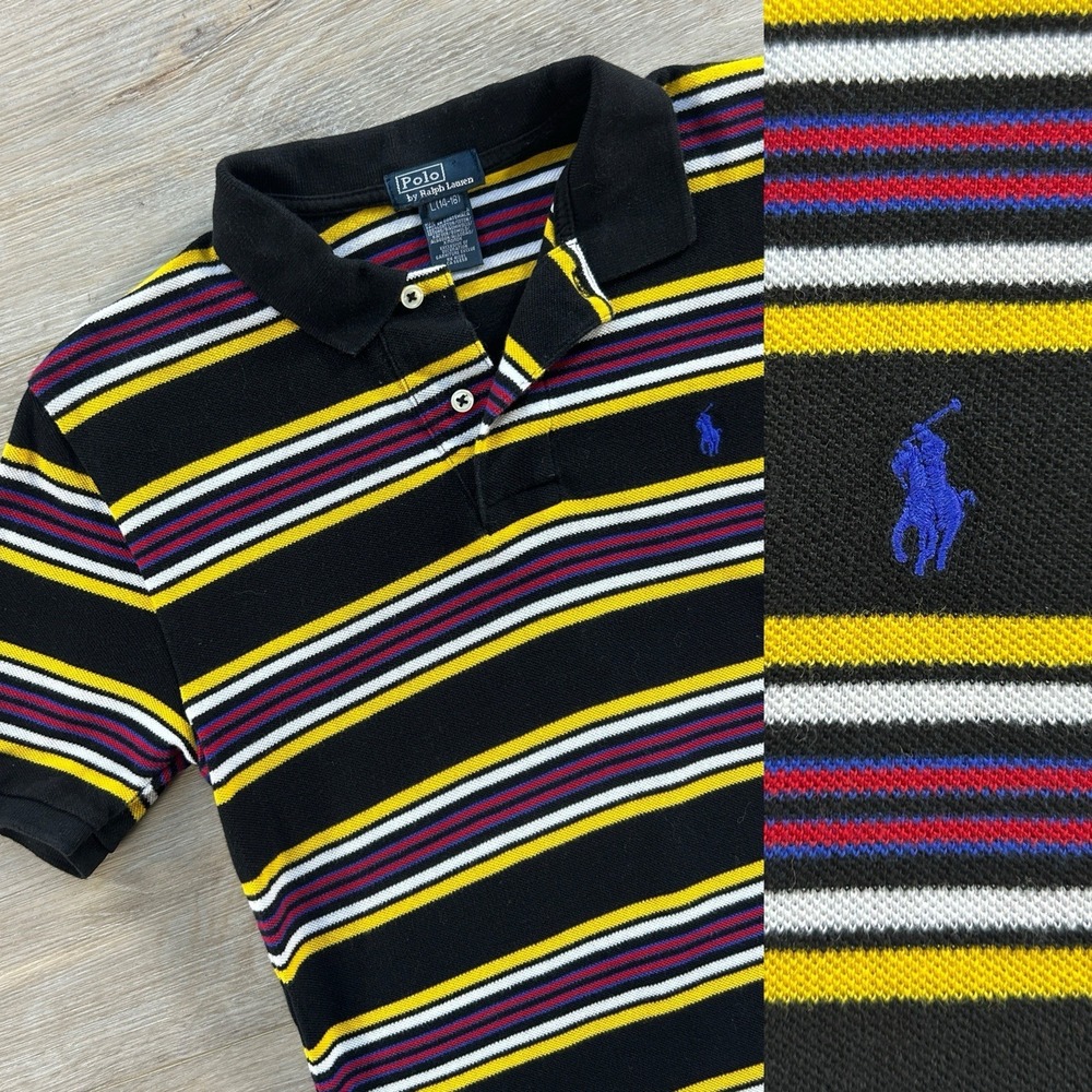 Polo Ralph Lauren Youth Boys (14-16) Black Multicolor Striped‎ Mesh Polo Shirt